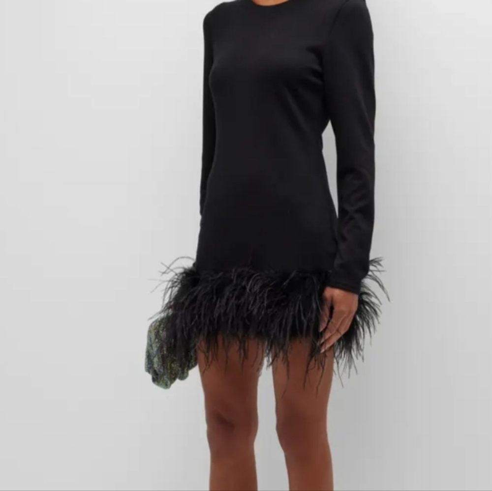 LaMarque Bahira dress ostrich feather hem $375 Medium Black
